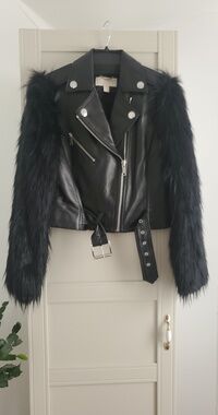 MICHAEL Michael Kors Black Leather Moto Jacket with Faux Fur Sleeves
